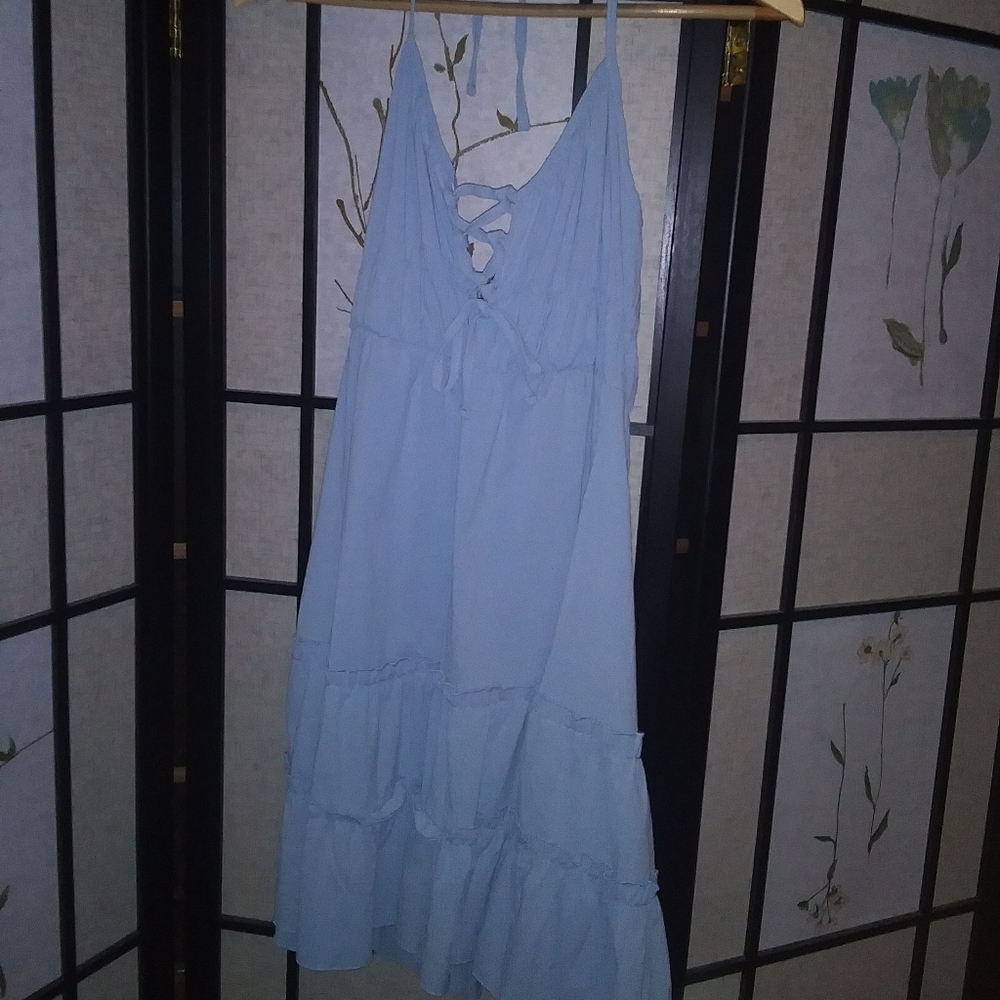 Tie back, backless light blue lace up sundress